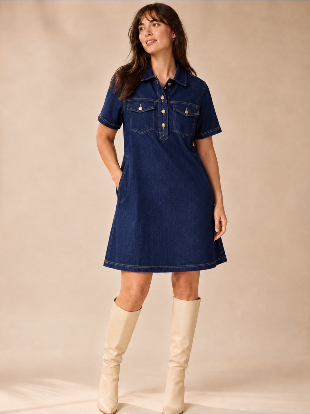 St. John’s Bay Denim Shirt Dress PL Dark Wash Gold Buttons Cotton Pockets